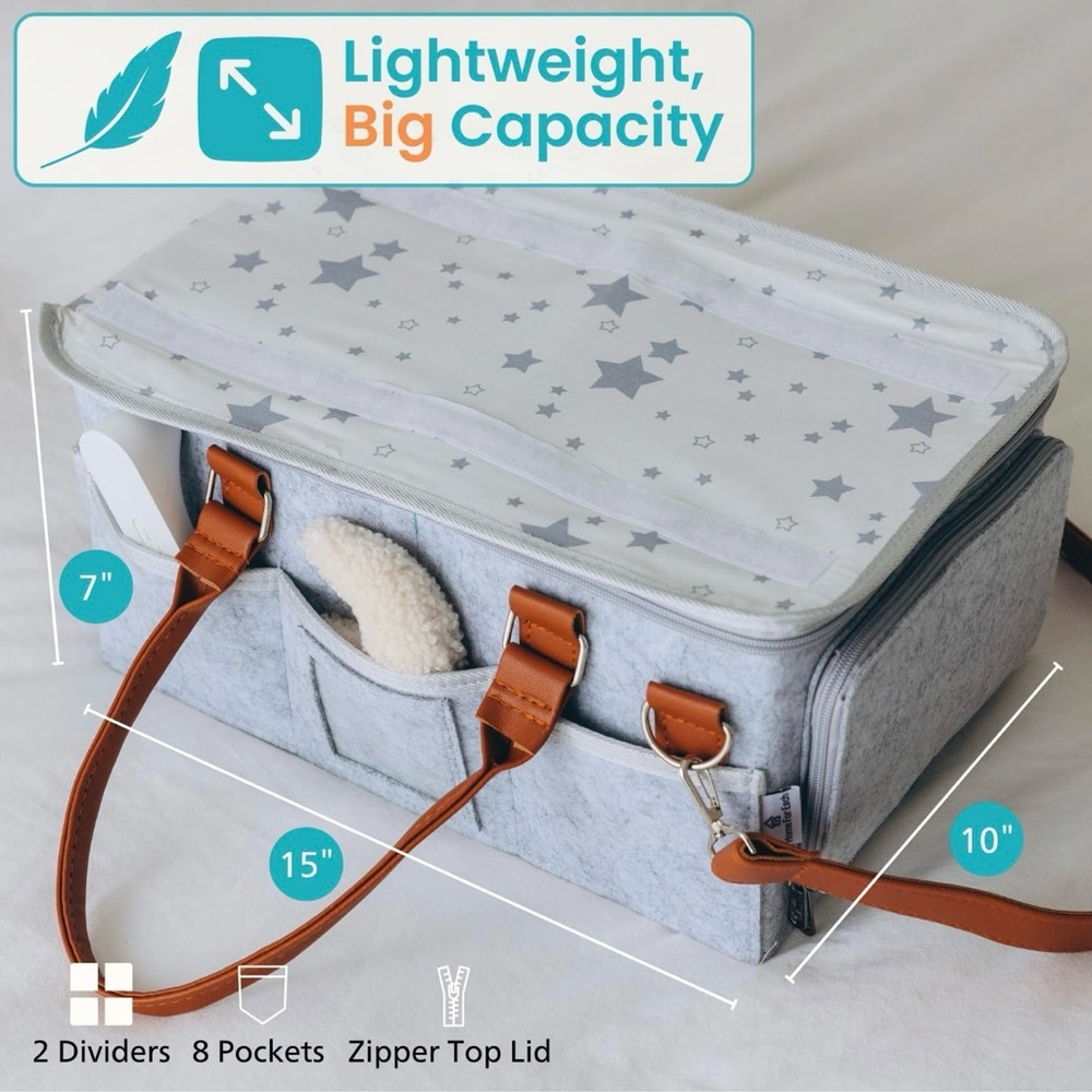 Gray Star Print Tote with Brown Handles and removable strap